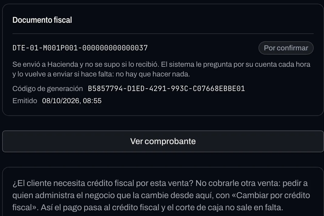 El documento fiscal de una venta marcado Por confirmar: Hacienda no devolvió el recibo y el sistema vuelve a preguntar solo.