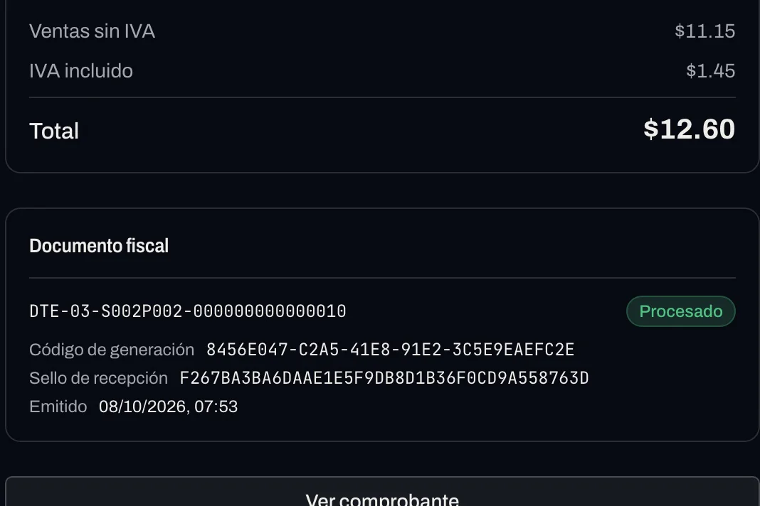 El detalle de una venta con sus totales y su documento fiscal en estado Procesado: código de generación, sello de recepción y fecha de emisión.