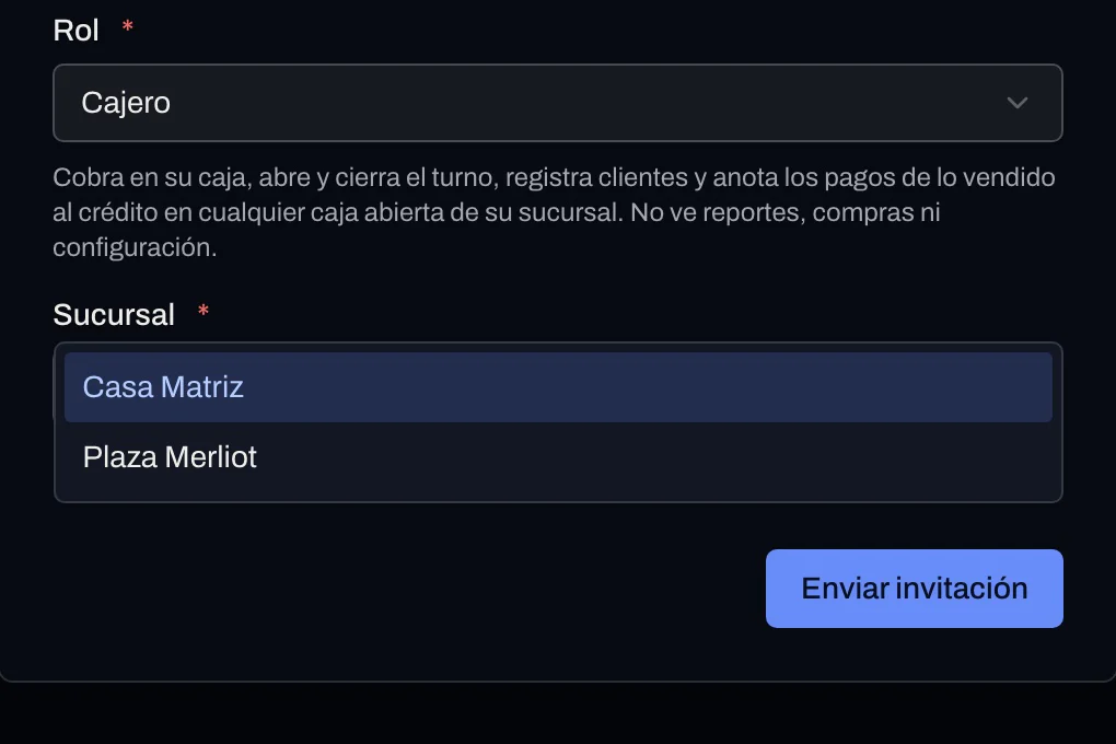 Invitar a una persona al equipo: elegir su rol y su sucursal.