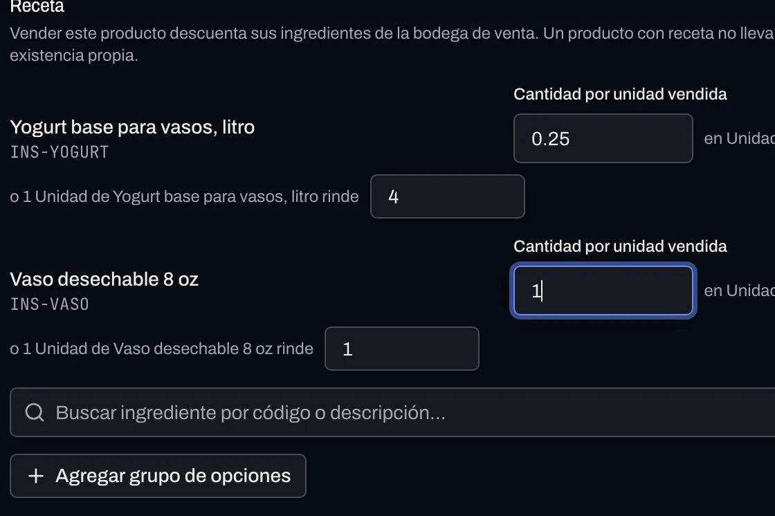 La receta de un producto: los insumos que baja cada venta y la cantidad de cada uno.
