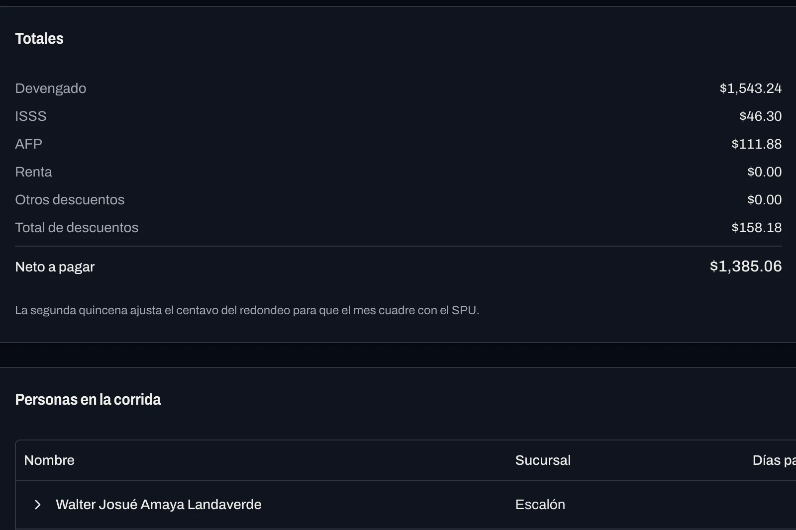 Una corrida de planilla: devengado, ISSS, AFP, renta y neto a pagar.