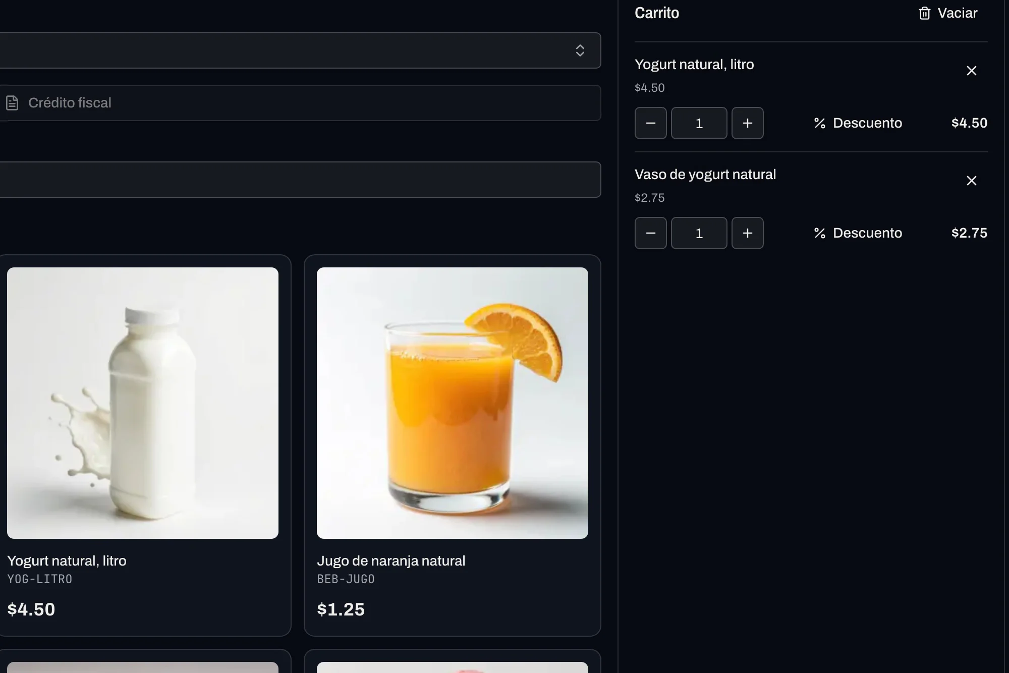 El punto de venta: los productos con su foto y el carrito con dos renglones.