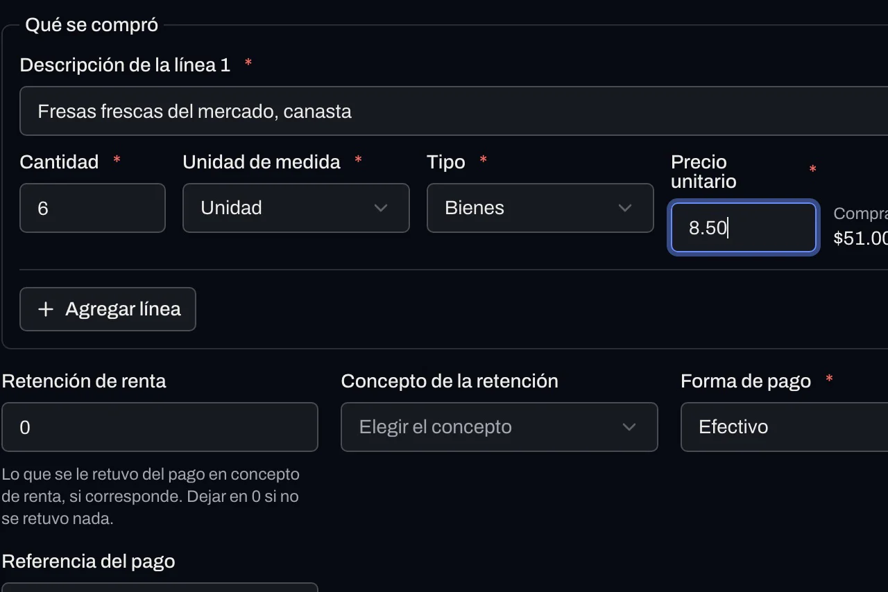 El registro de una compra a un sujeto excluido: lo que se compró, su cantidad, su unidad y su precio.