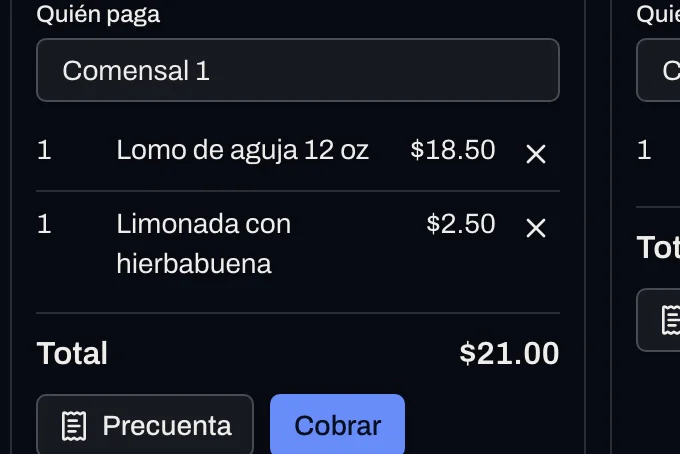 Una cuenta partida por comensal: quién paga la primera parte, sus platos, el total y los botones Precuenta y Cobrar.